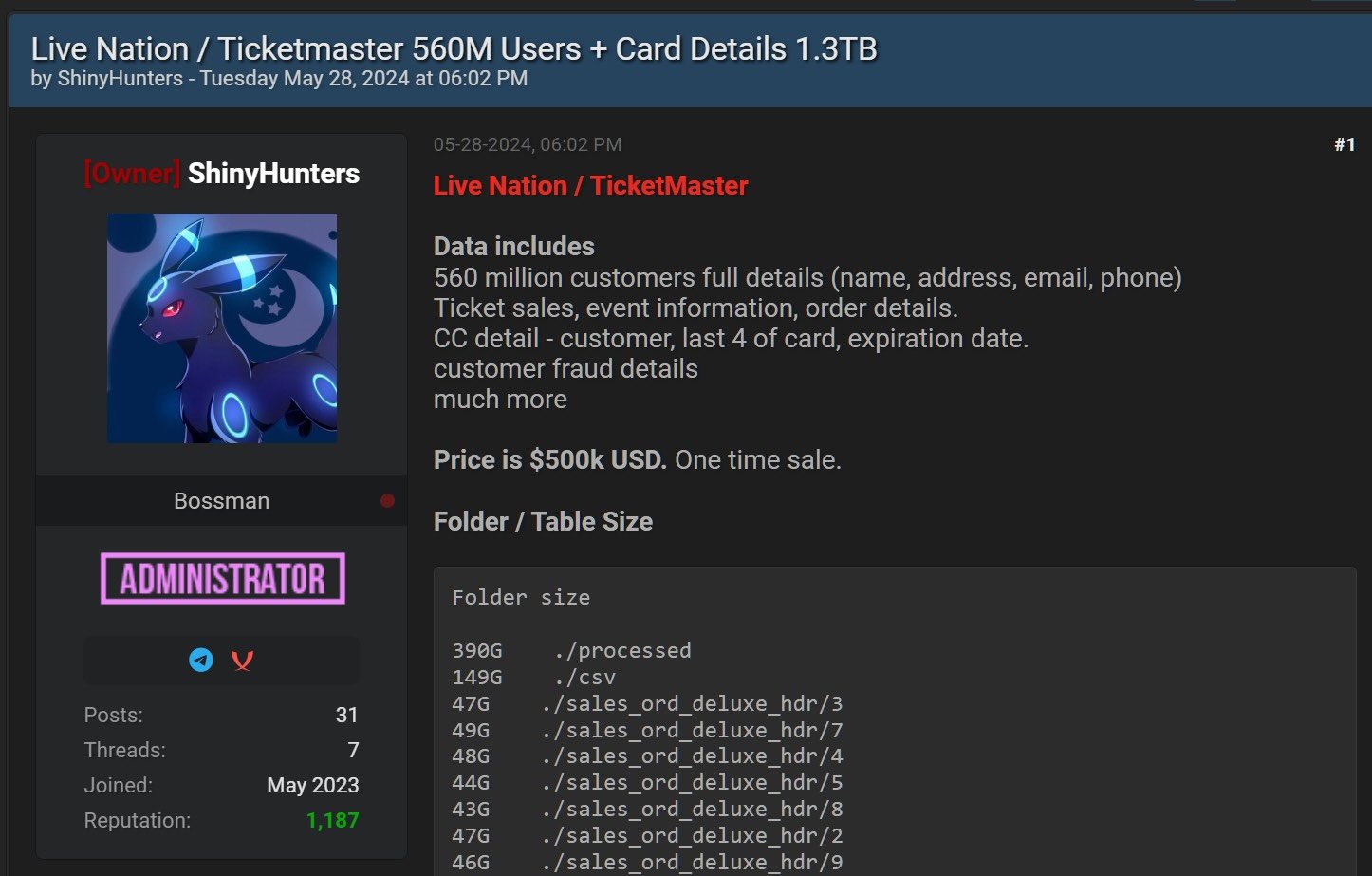 Ticketmaster data for sale on a hacking forum