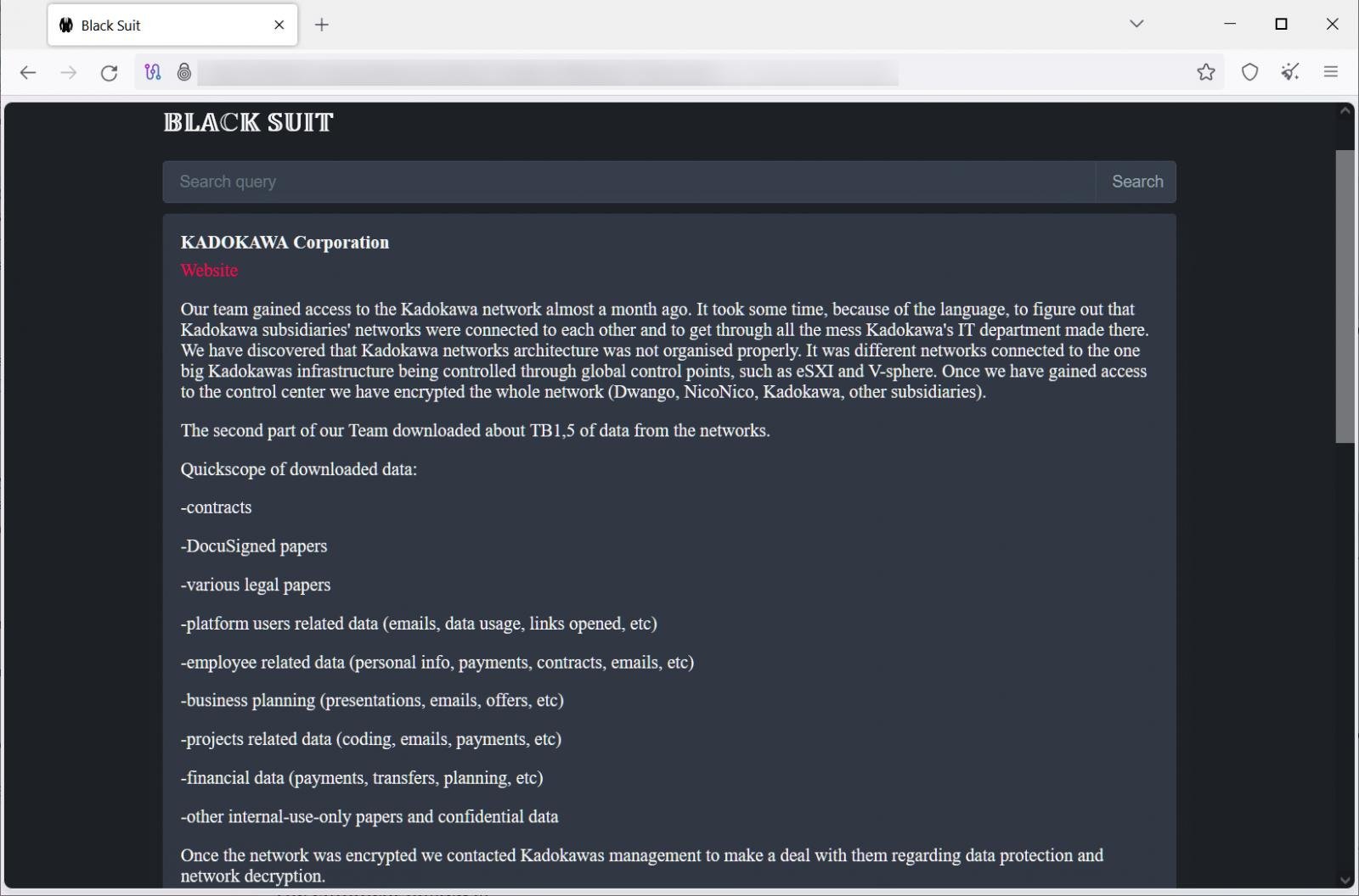 KADOKAWA on the BlackSuit data leak site
