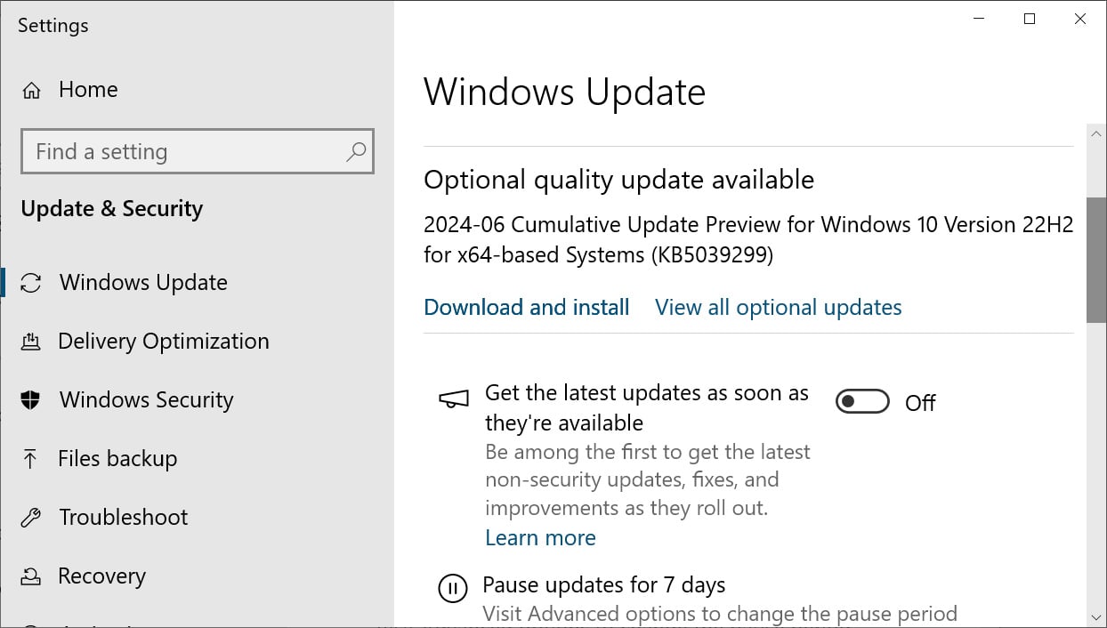 Windows Update offering the KB5039299 update