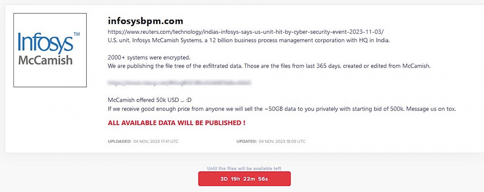 Infosys entry on LockBit's leak site