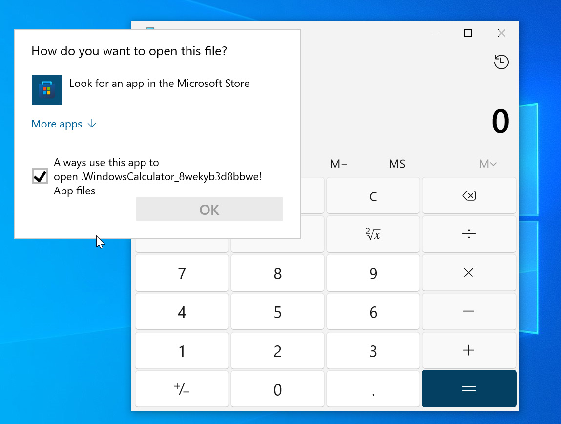 Open With bug shown when opening Windows Calculator