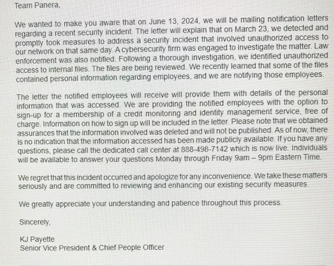 Internal Panera email sent to employees about stolen