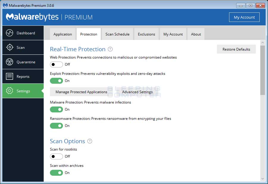 Malwarebytes Anti-Malware Detection and Protection Settings Page