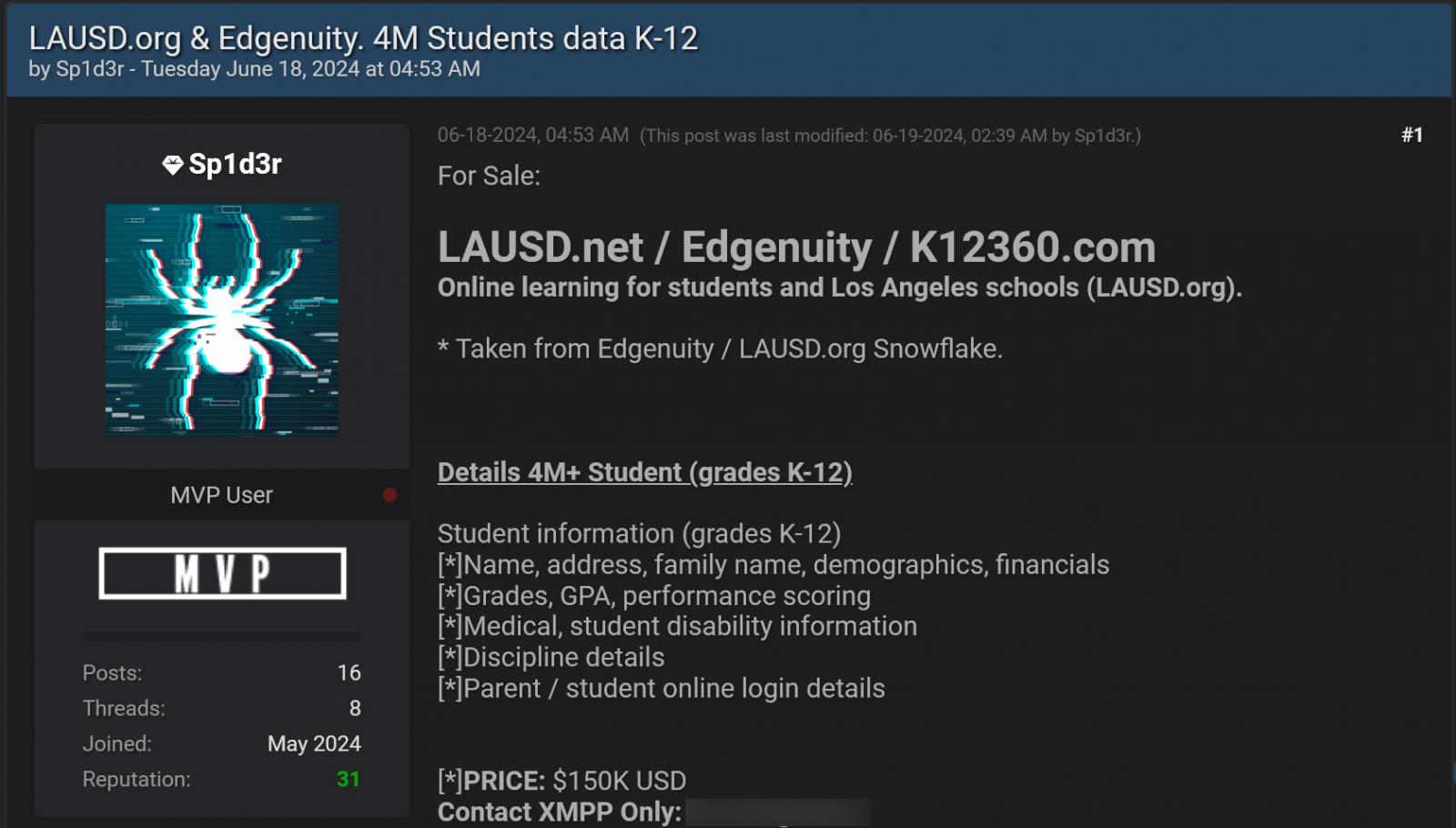 LAUSD SnowFlake data for sale on a hacking forum