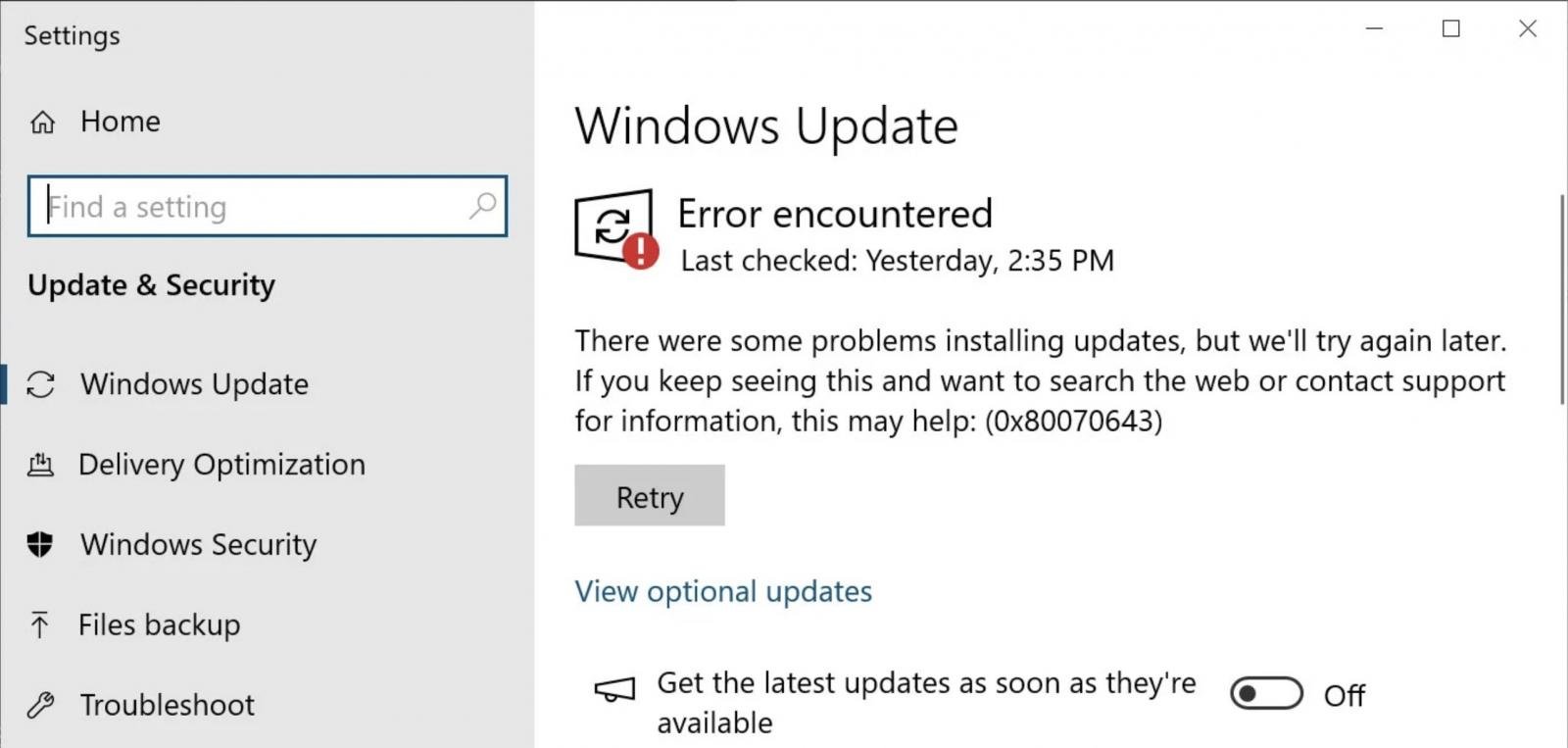 Windows Update 0x80070643 error